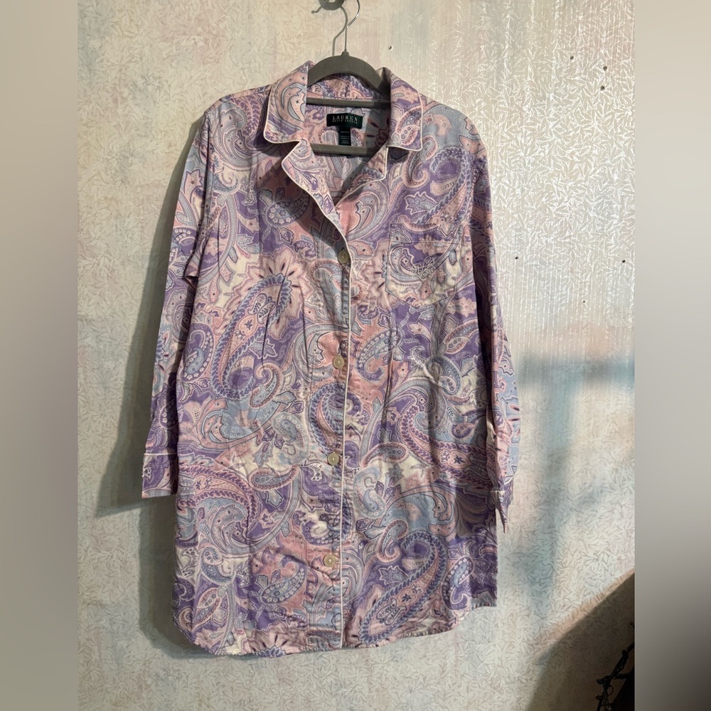 Lauren Ralph Lauren Pink and Purple Paisley Night Shirt, With Embroidered Pocket